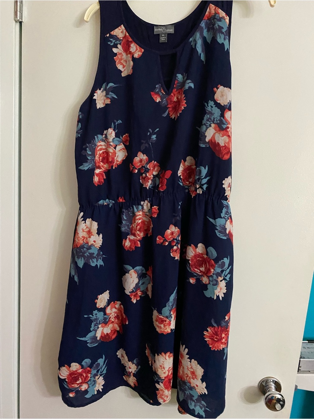 Market & Spruce Navy Floral Sleeveless Dress - Red & Teal Flowers